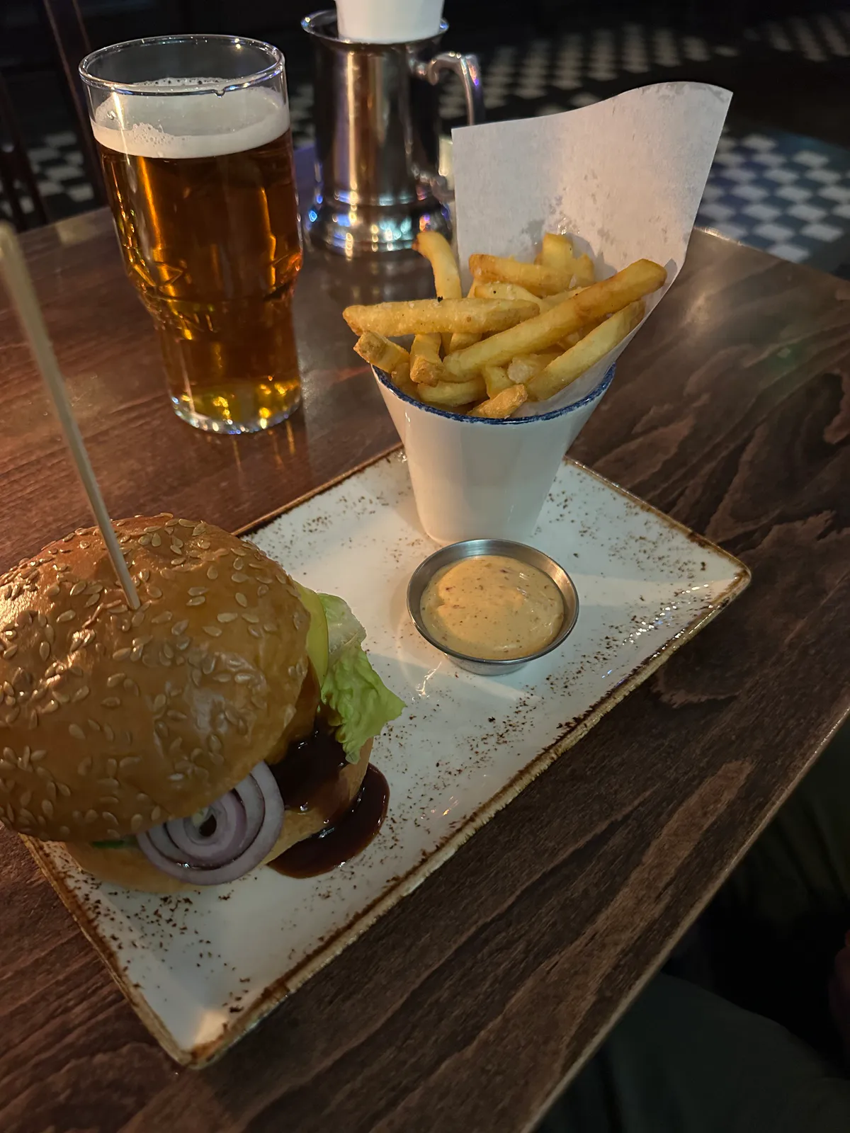 Vegan burger and chips at The Albert in London