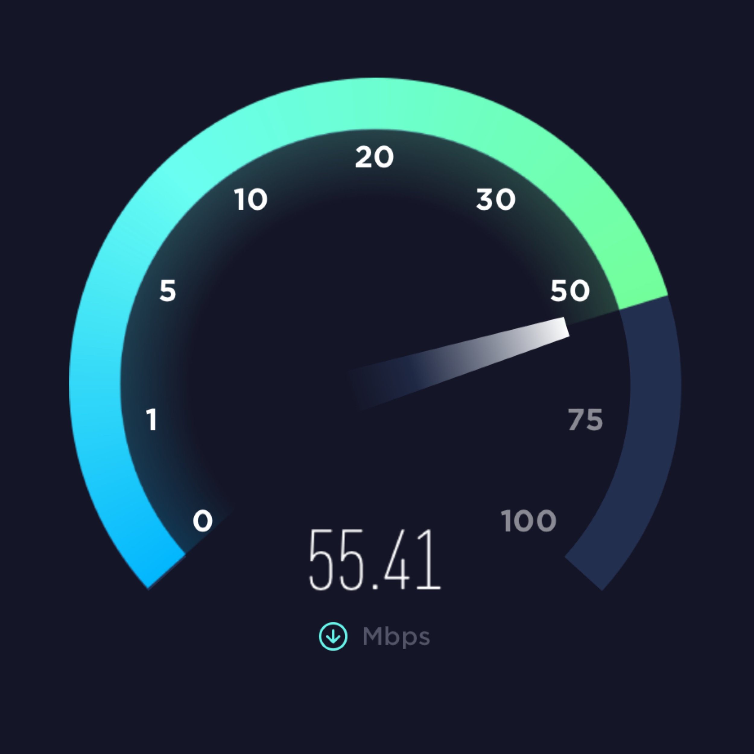 Speed test gauge showing a download speed of 55.41 Mbps