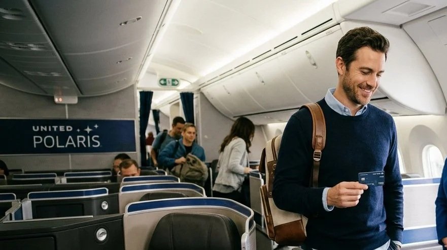 A traveler holding a credit card in a United Polaris cabin