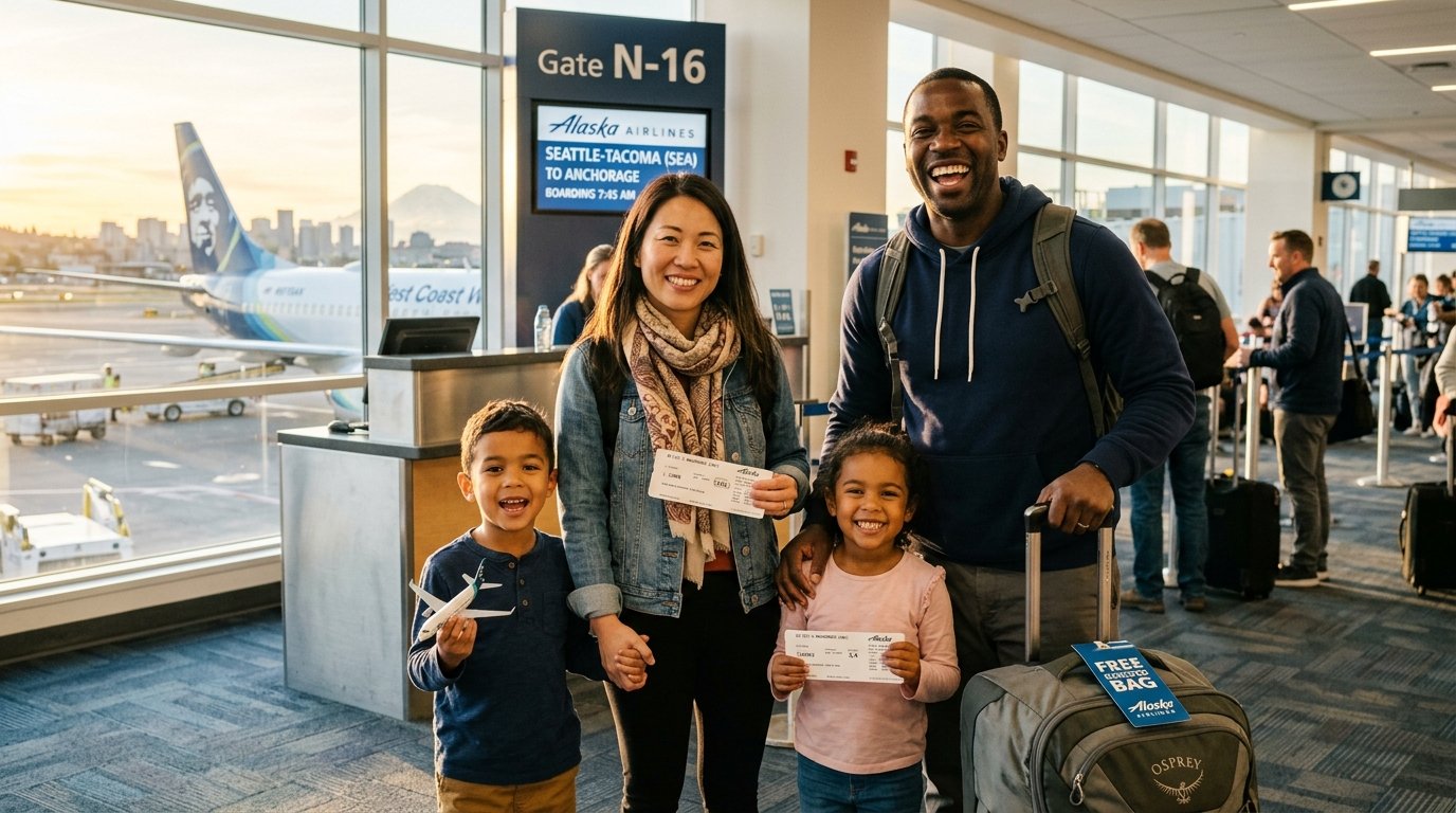 A family at Alaska Airlines gate using Atmos Rewards benefits 2026