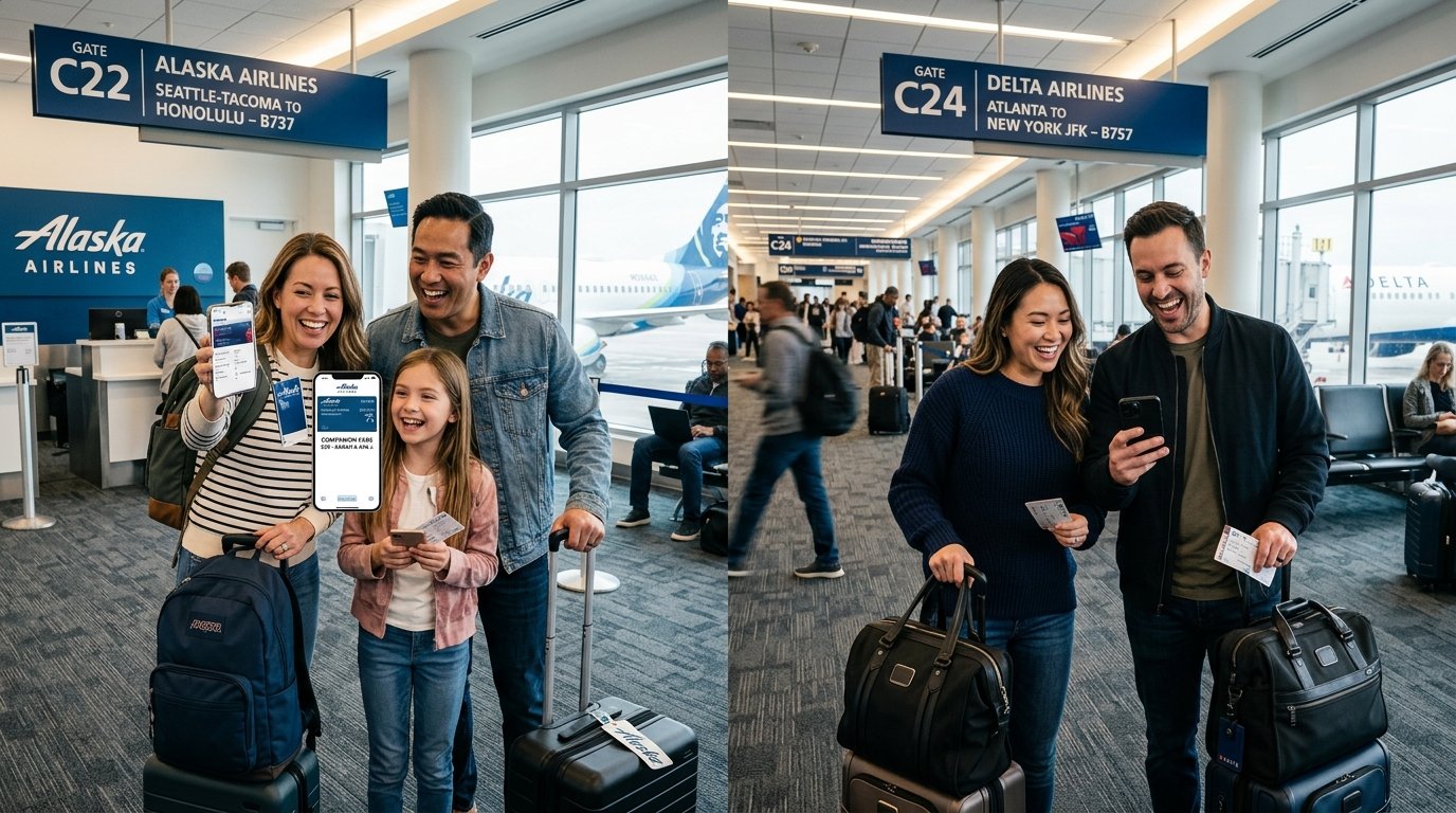 Side-by-side Alaska Companion Fare vs Delta Companion Certificate travelers 2026