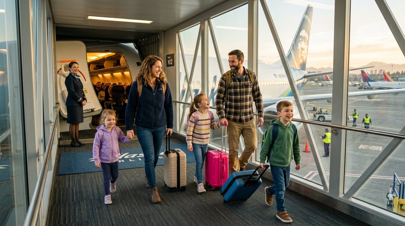 Family boarding Alaska Airlines flight using Atmos Rewards free bags and Companion Fare – Alaska Atmos vs Delta SkyMiles 2026