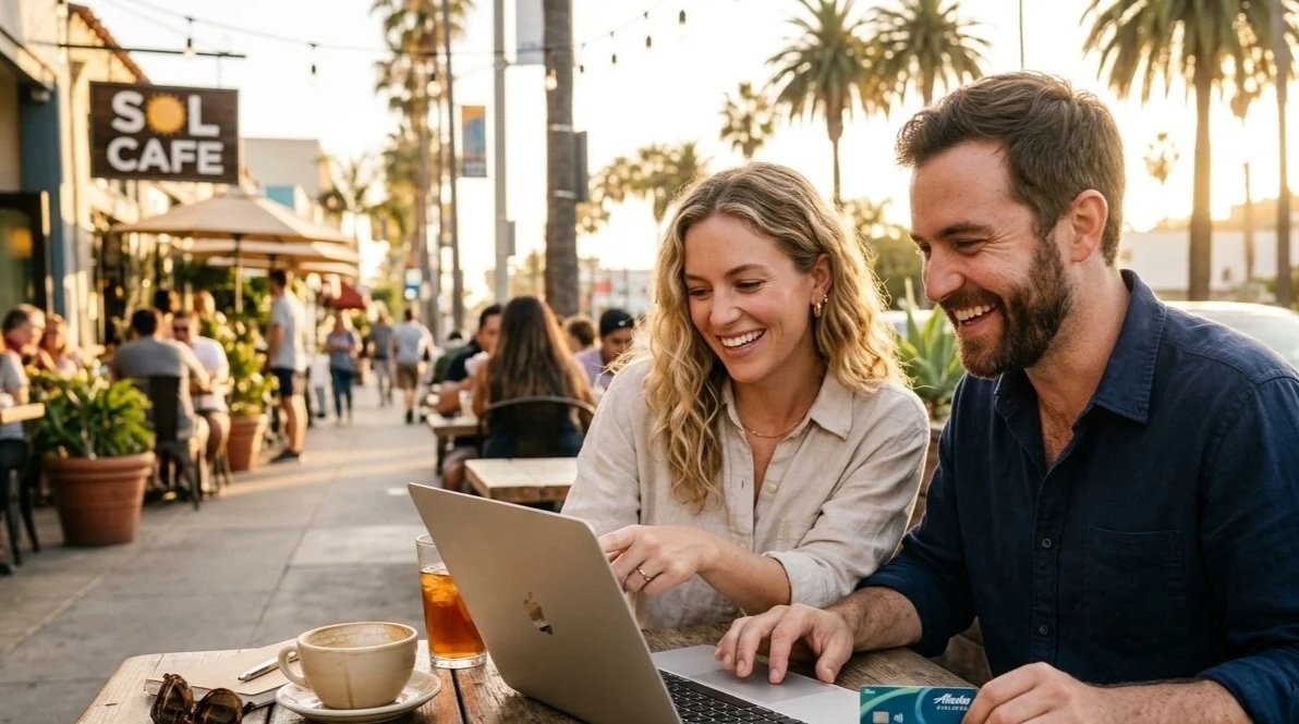Couple at a sidewalk cafe using a laptop beside an Alaska card