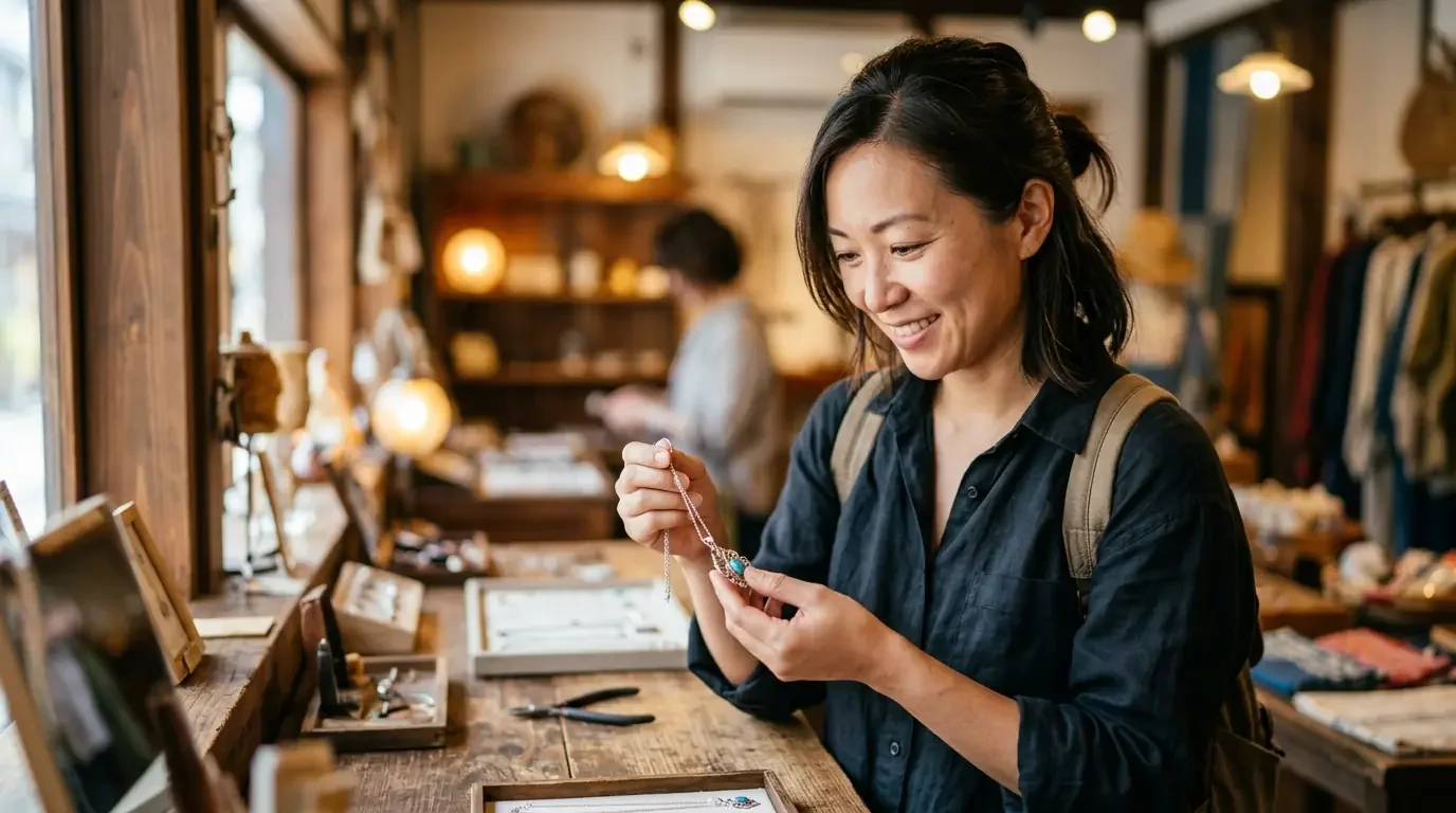 Traveler shopping for jewelry with premium card purchase protection