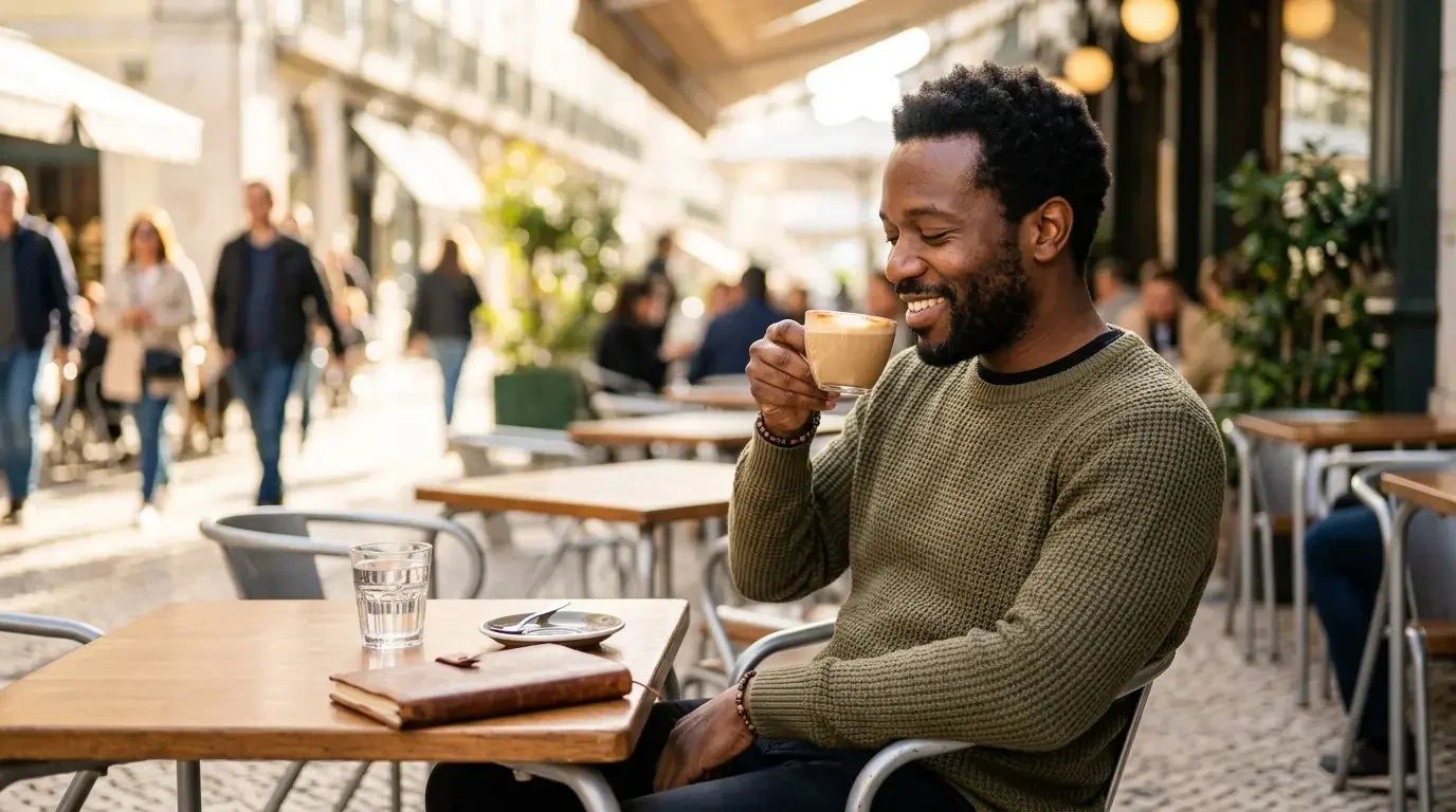 Traveler enjoying café coffee with premium card statement credits