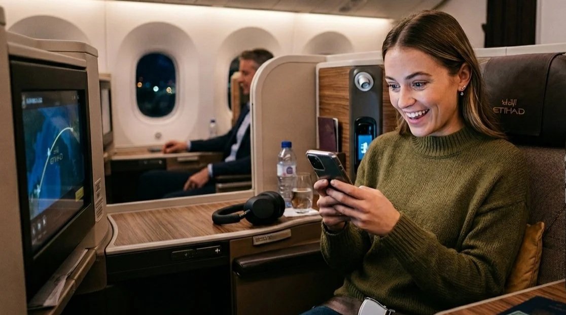 A traveler using a phone in an Etihad cabin seat