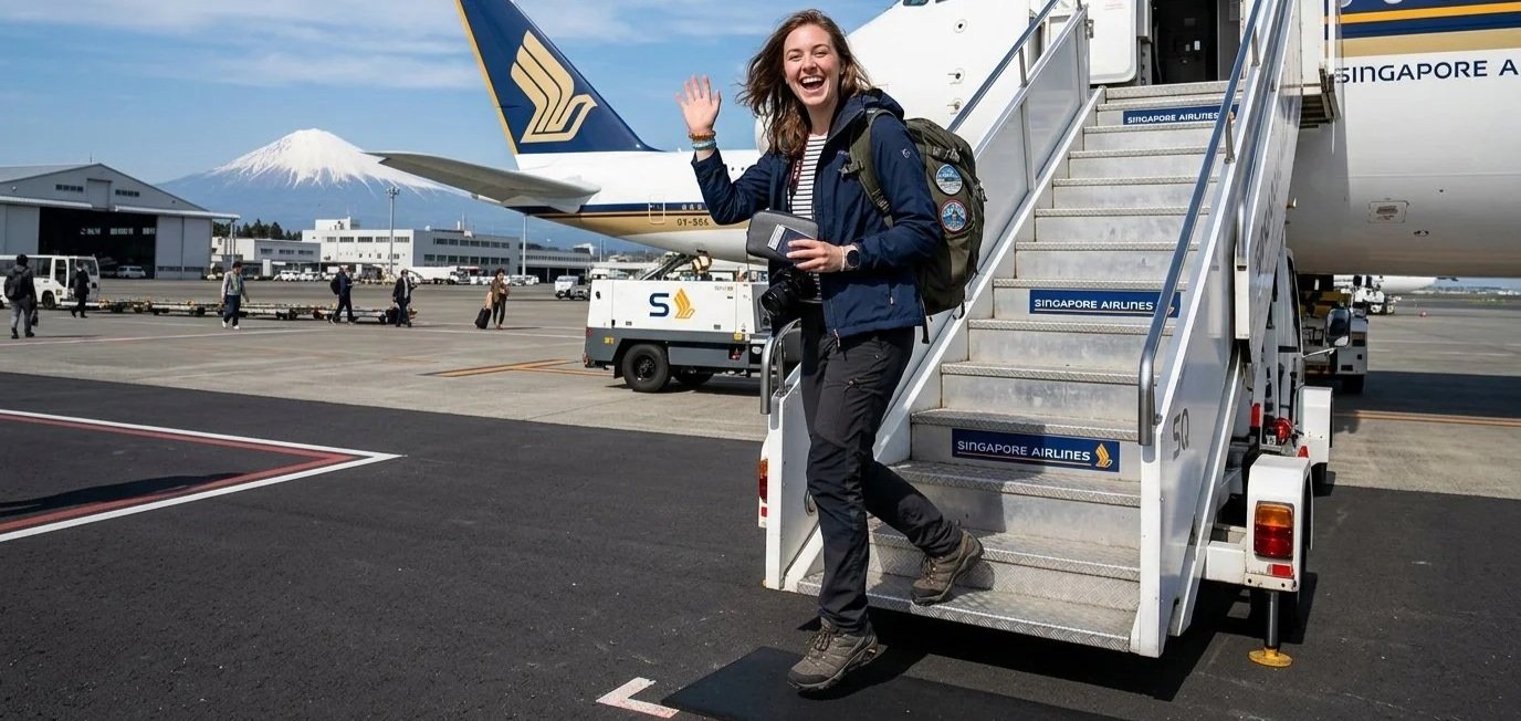 Woman waving from Singapore Airlines boarding stairs