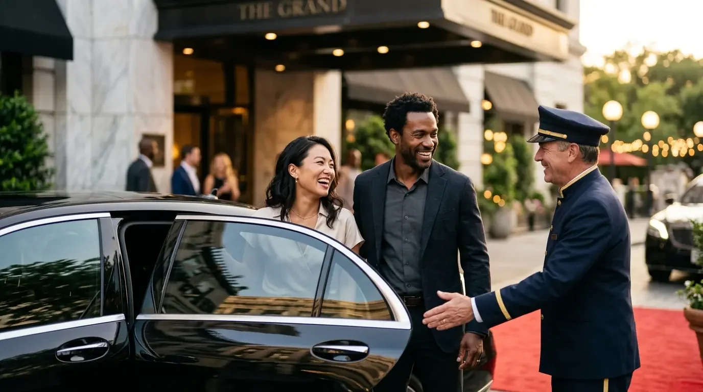 Couple arriving at luxury hotel entrance evaluating premium credit card value