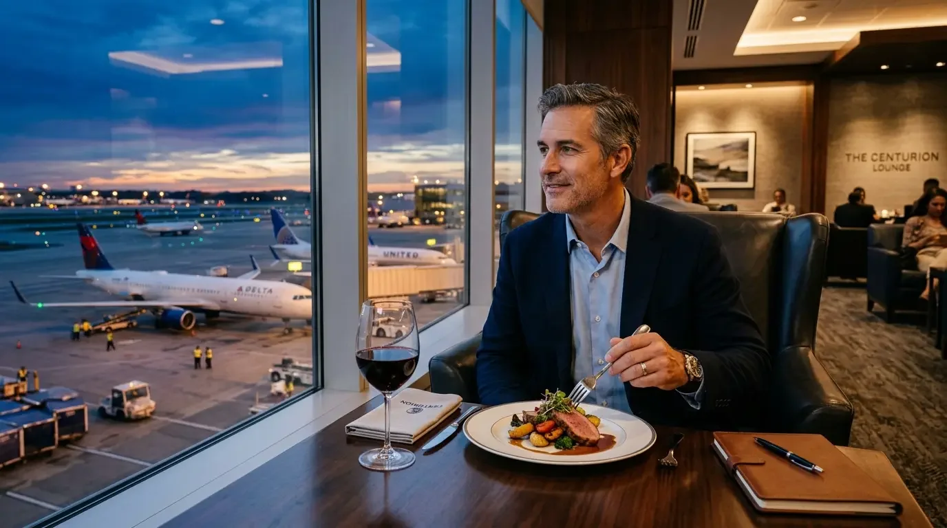 Executive enjoying gourmet meal in Centurion Lounge at dusk with Amex Platinum 2026