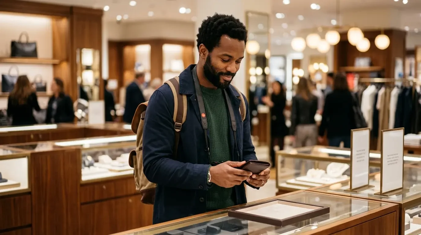Traveler shopping at upscale retailer with premium credit card benefits