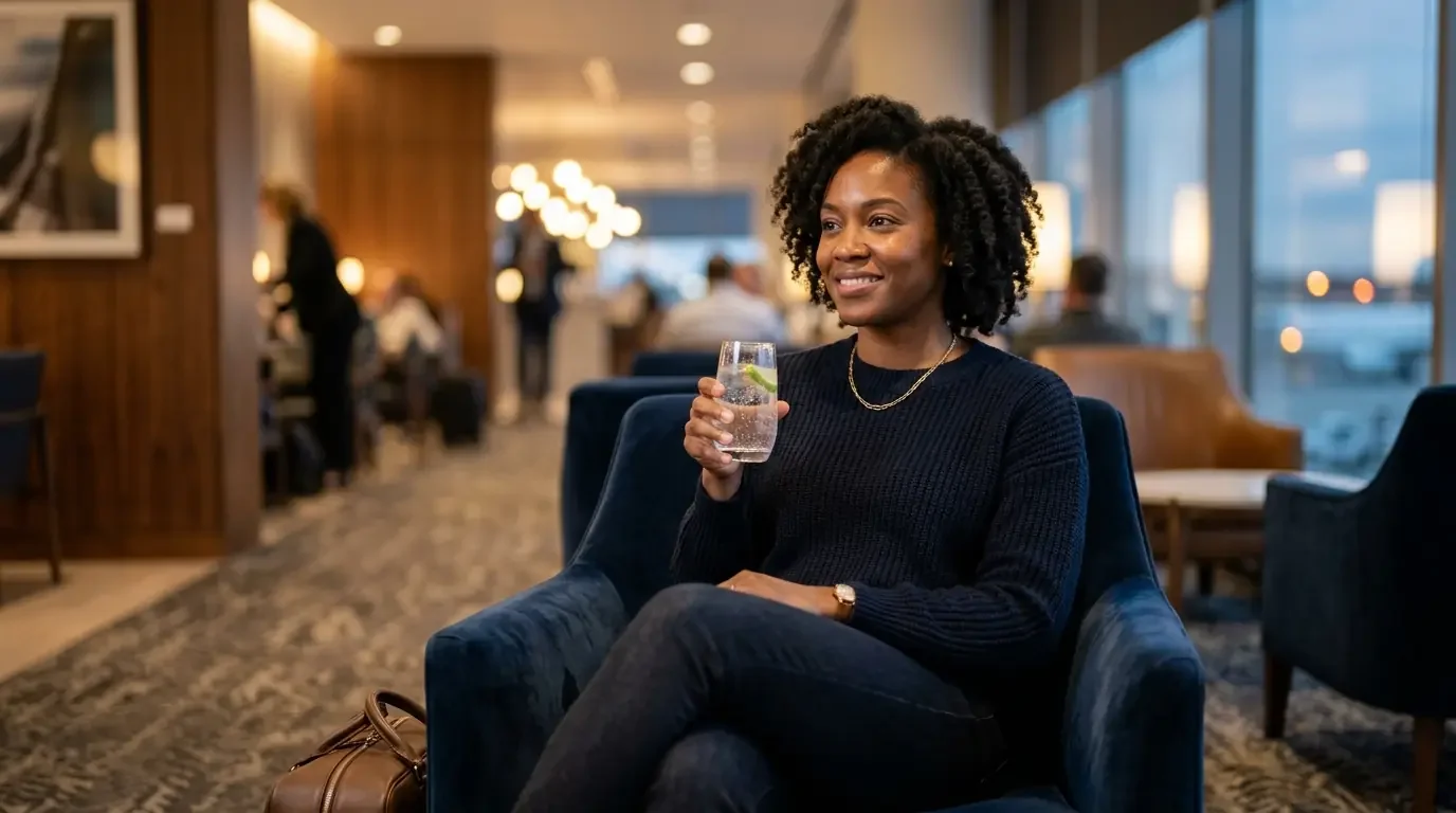 Traveler relaxing in premium lounge with Amex Platinum benefits