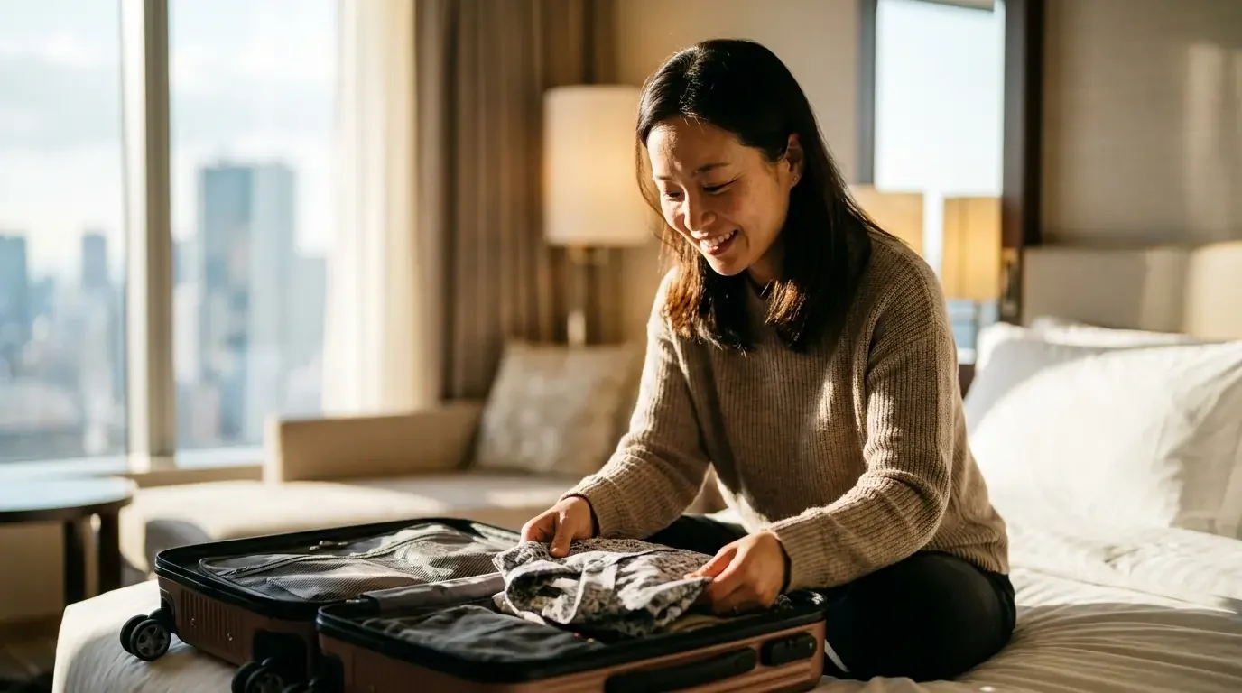 Traveler packing after luxury hotel stay redeemed with Bilt points