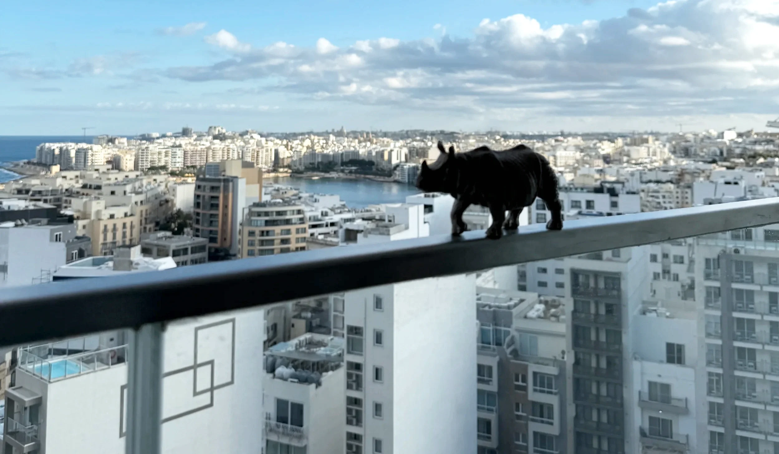Rhino figurine on a balcony railing above a coastal city