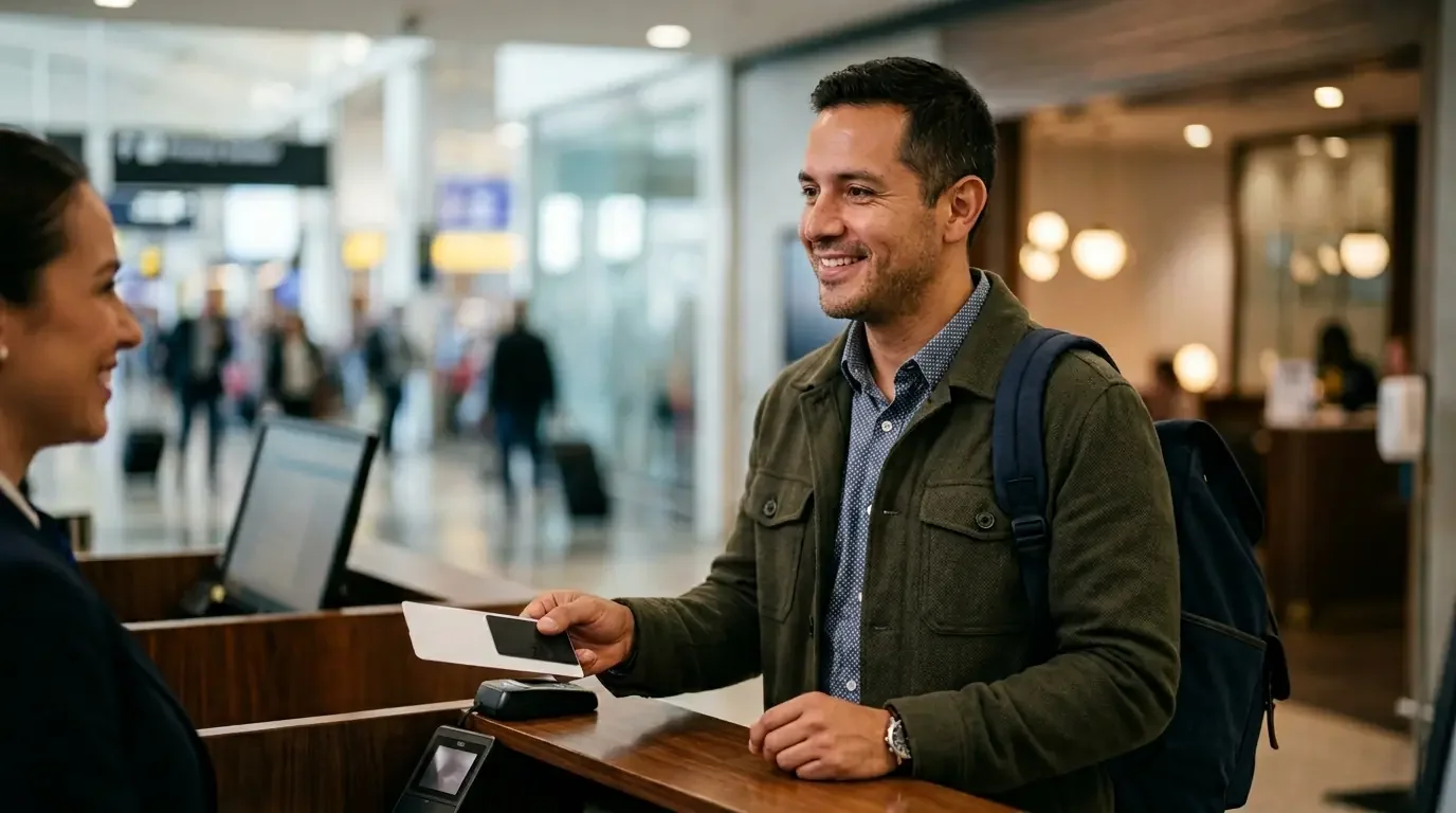 Traveler entering Priority Pass lounge with Venture X benefits