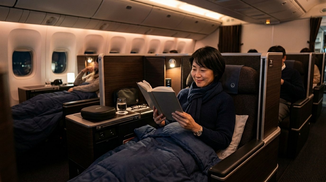 Traveler experiencing JAL Business Class redemption powered by Capital One 30% transfer bonus to JAL April 2026