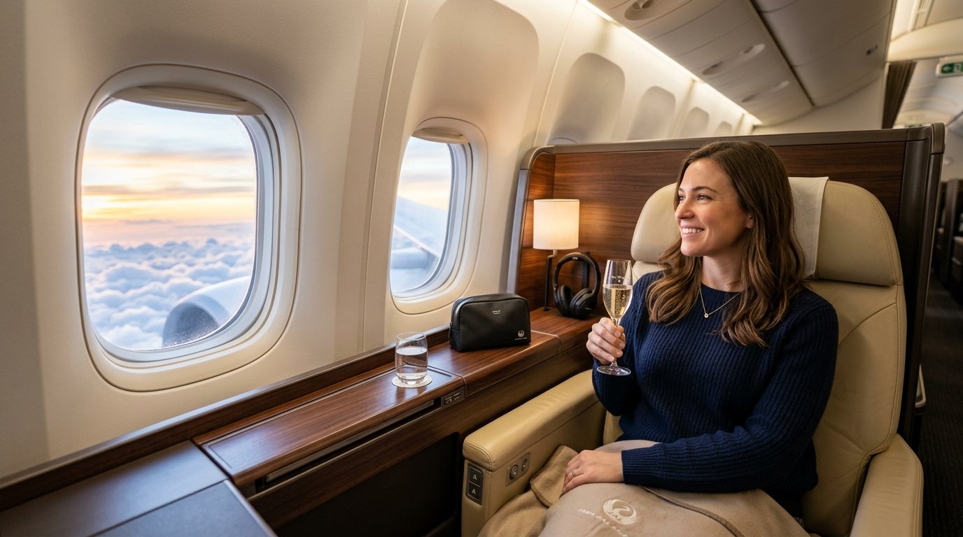 Traveler in JAL First Class using Capital One 30% transfer bonus to JAL Mileage Bank April 2026