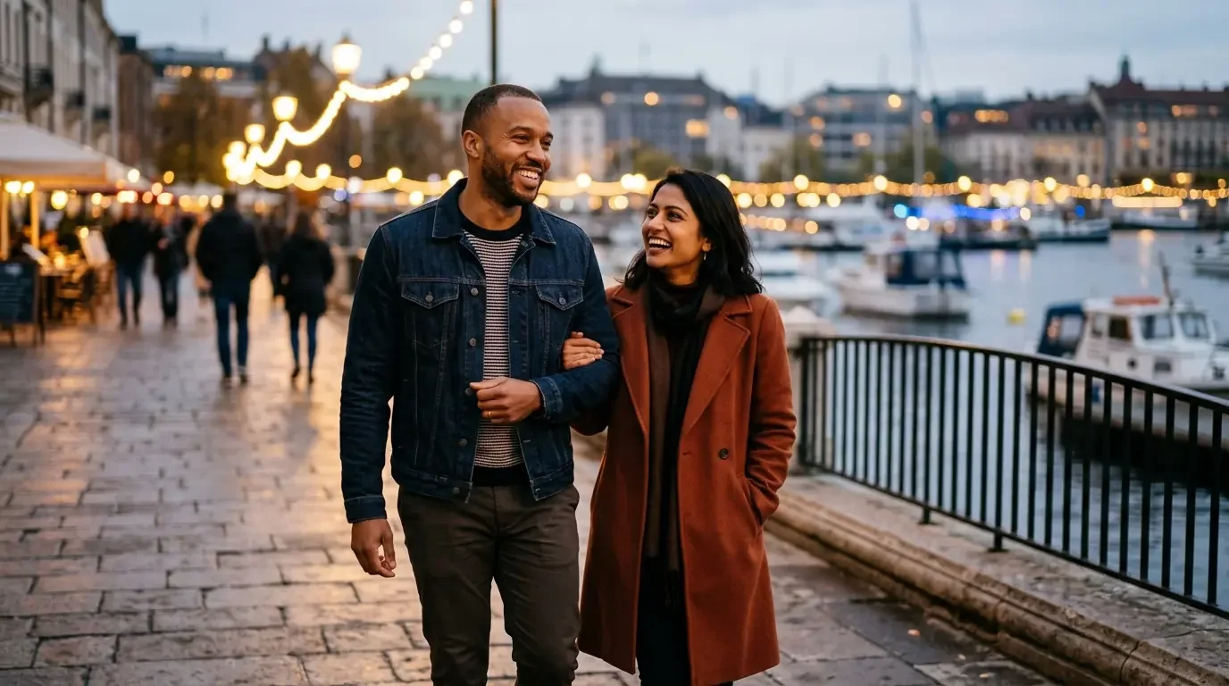Couple enjoying waterfront stroll after successful premium travel experience with Chase Sapphire Reserve