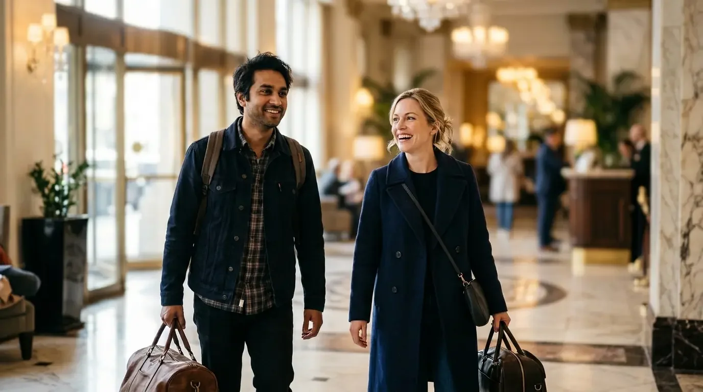 Couple arriving at luxury hotel evaluating premium travel credit card benefits