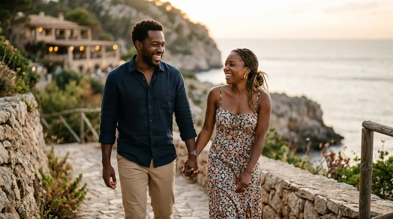 Couple enjoying scenic coastal walk protected by premium card travel benefits