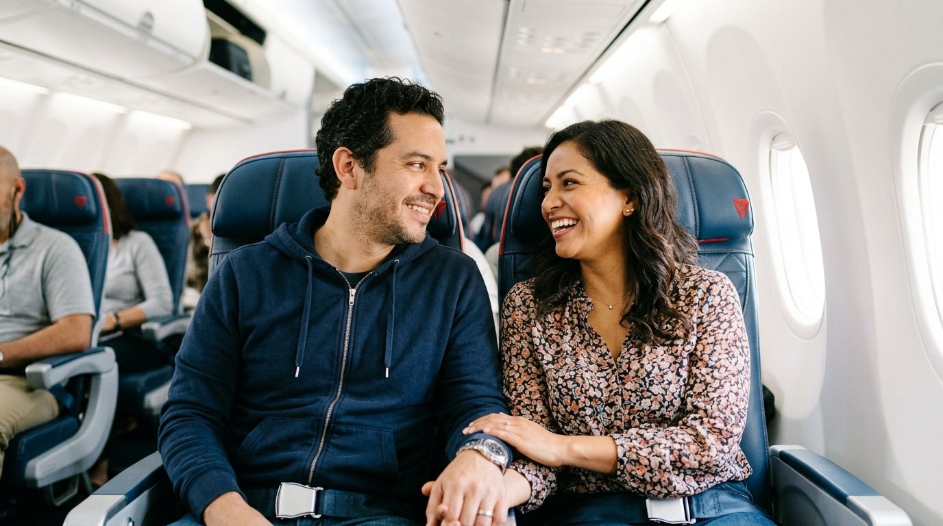 Delta SkyMiles Gold American Express Card 2026 Review – solo traveler enjoying Delta flight with free checked bag perk