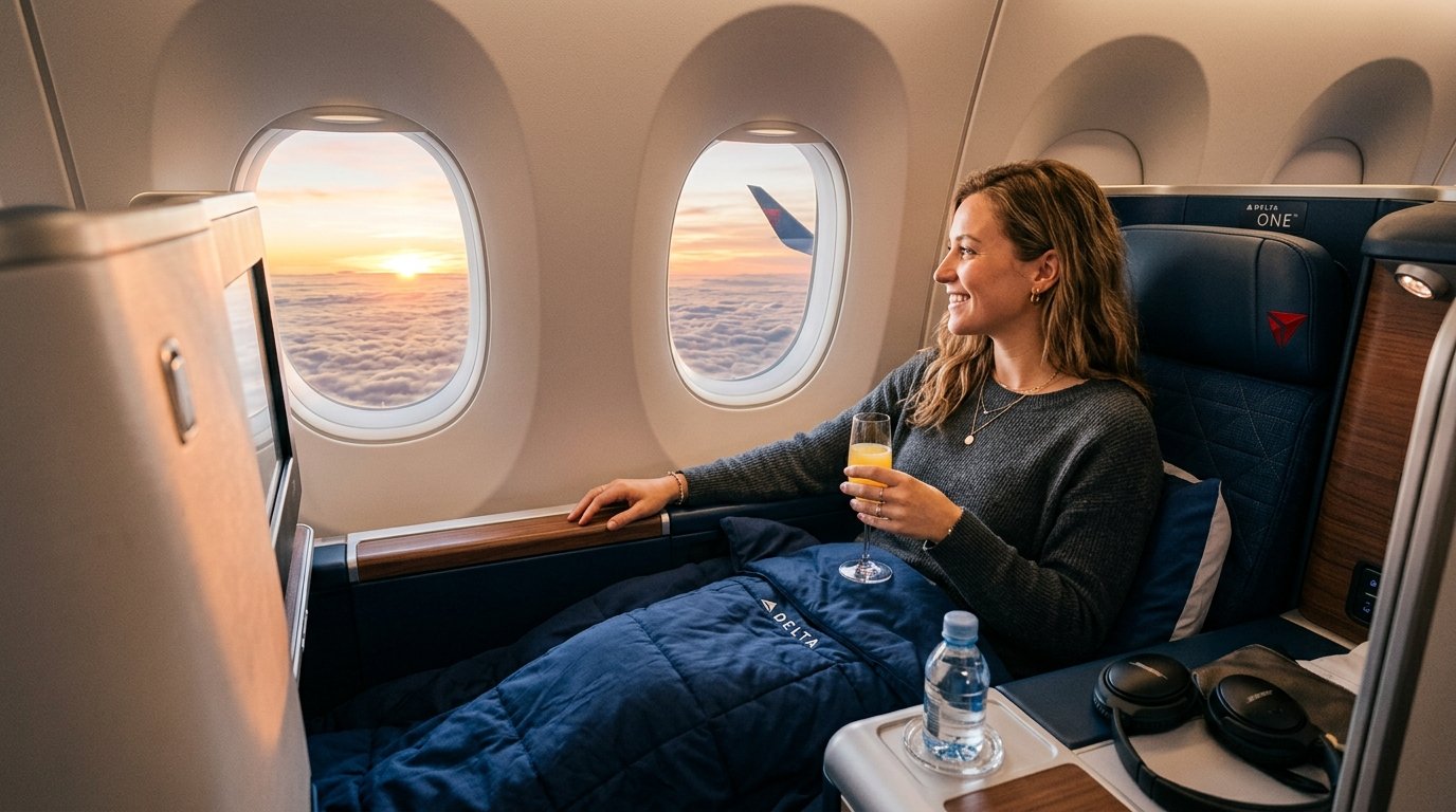 Traveler in Delta One Suites using Flying Blue 80% bonus miles April 2026 redemption