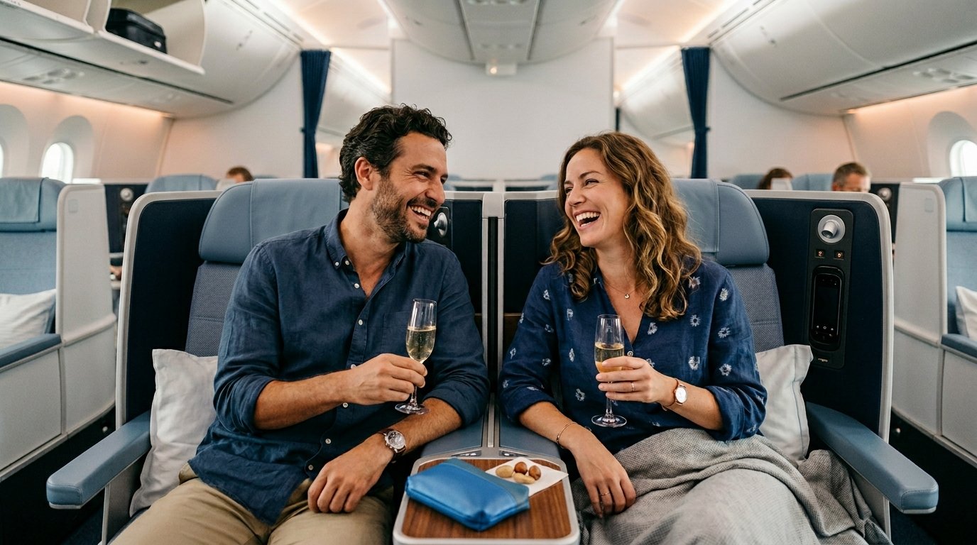 Family enjoying KLM World Business Class after Flying Blue 80% bonus miles purchase April 2026