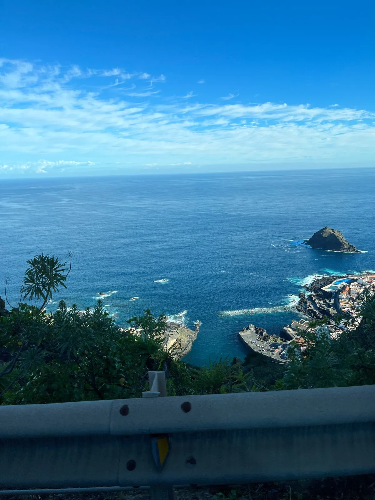 High view of a rocky coast, a small harbor, and an offshore rock islet.