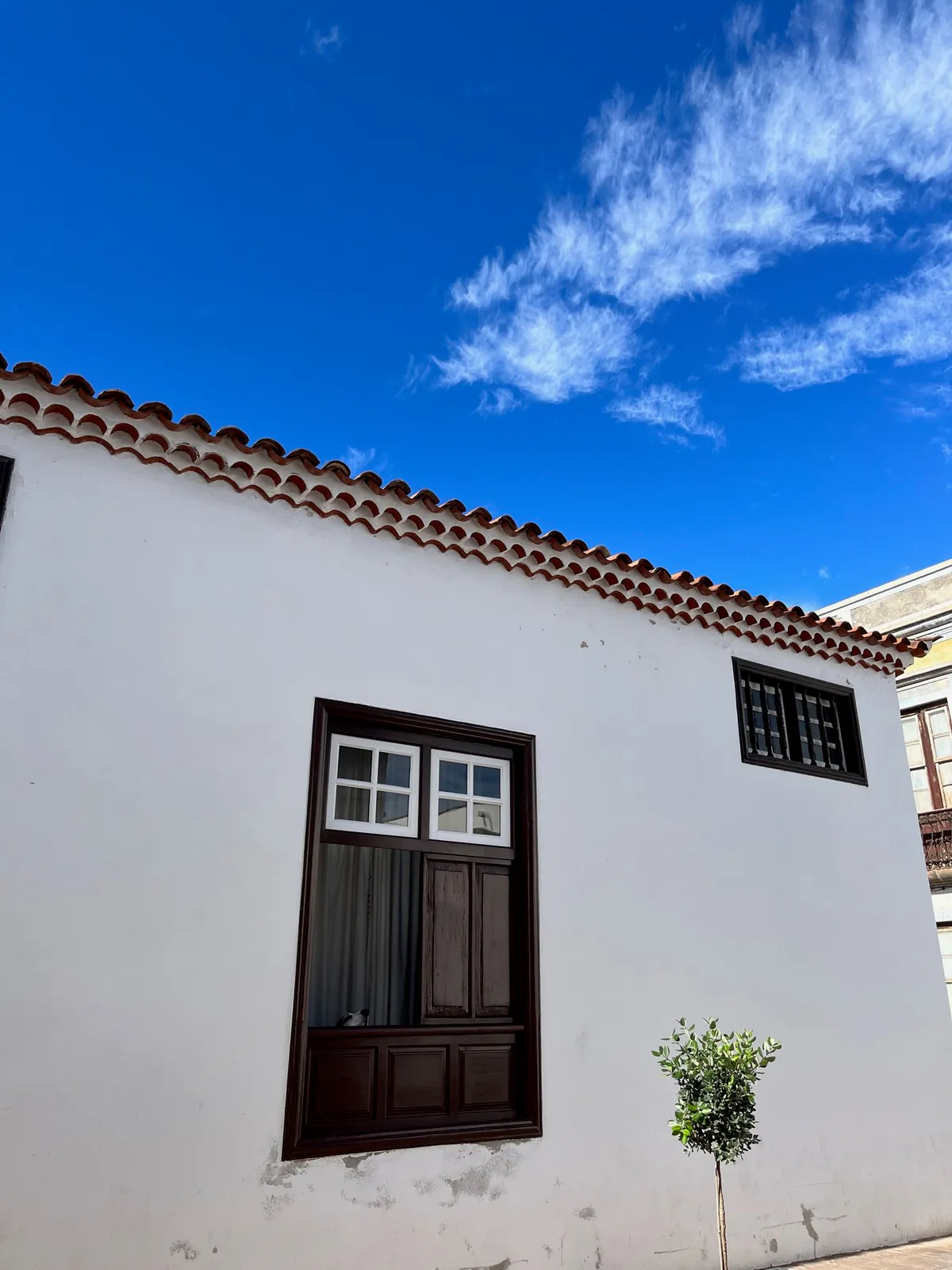 A white house with a dark wooden window and a wavy tile roof under streaky clouds.