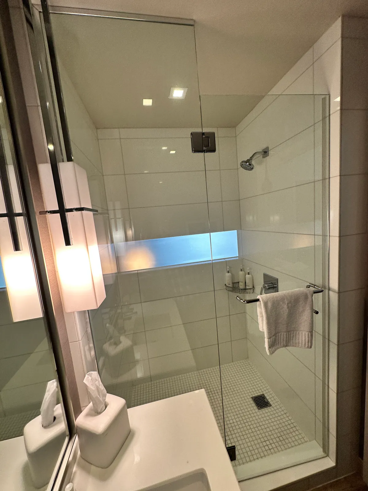 Glass shower with a hanging towel, wall shelf of bottles, and mosaic floor