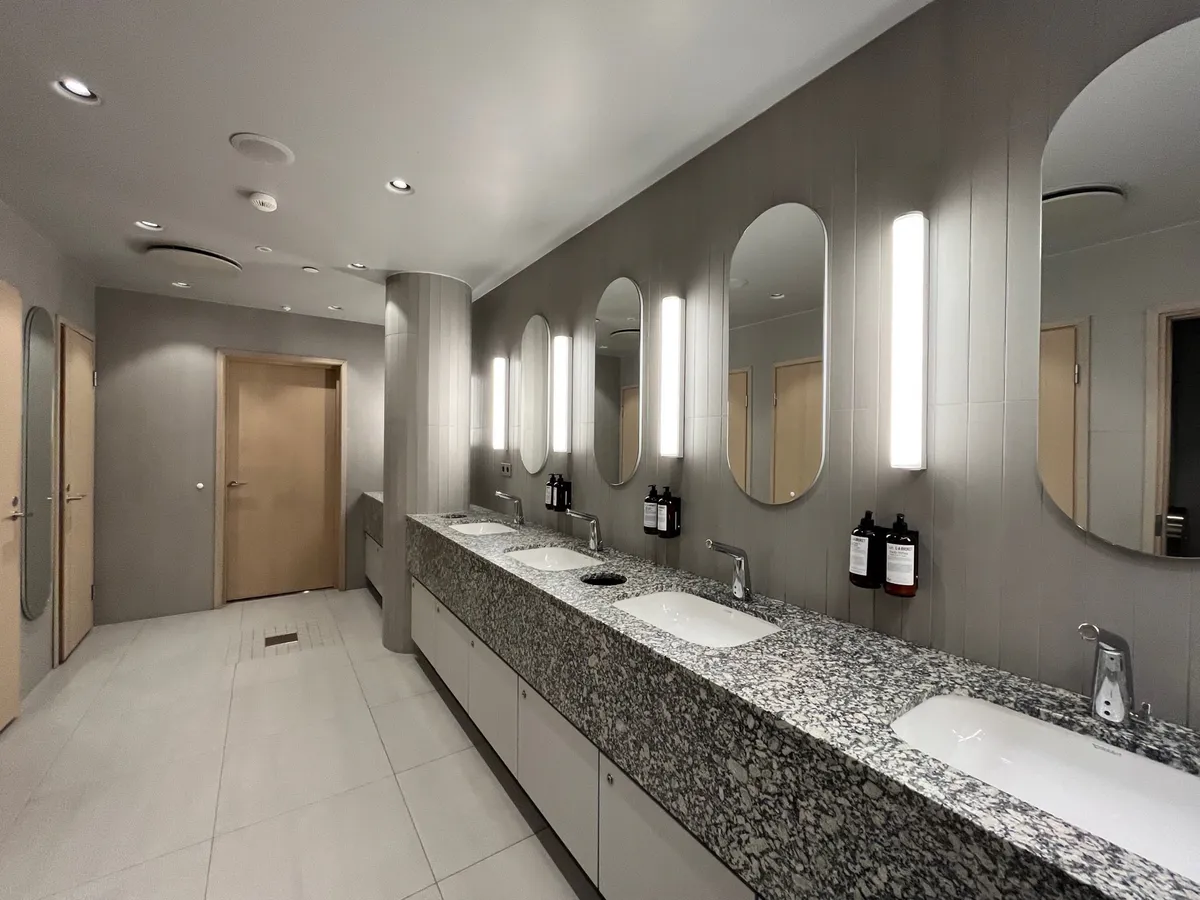 A long restroom sink counter with oval mirrors and tall vertical lights