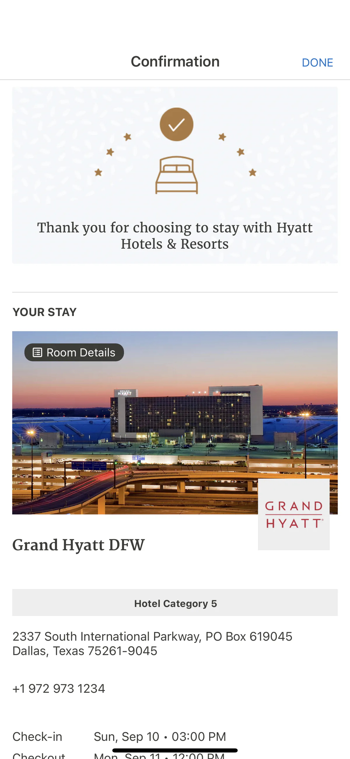 Hyatt app confirmation screen for a Grand Hyatt DFW stay