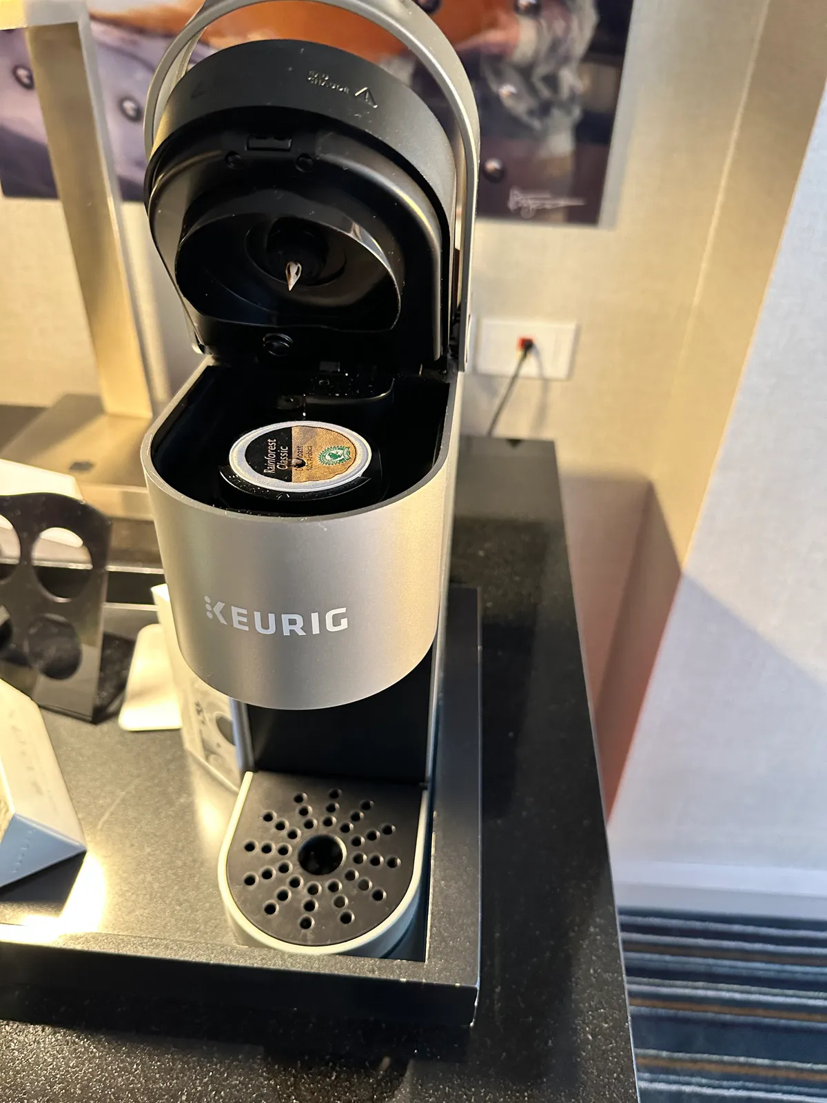 Open Keurig with a pod on a Grand Hyatt DFW counter