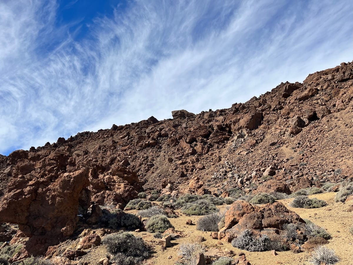 Reddish rocky hillside with shrubs and a large boulder under streaky clouds