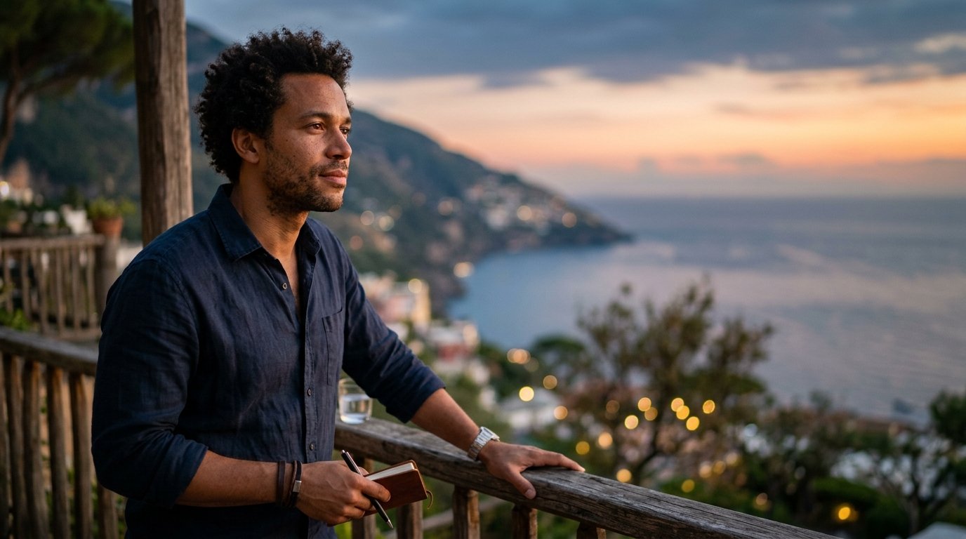 A traveler reflecting on Marriott Bonvoy value during magical evening resort balcony moment 2026 authentic travel experience