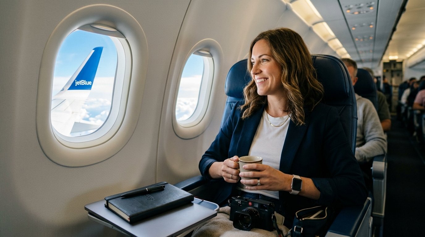 JetBlue credit card review 2026 – solo traveler on JetBlue flight with free first checked bag perk