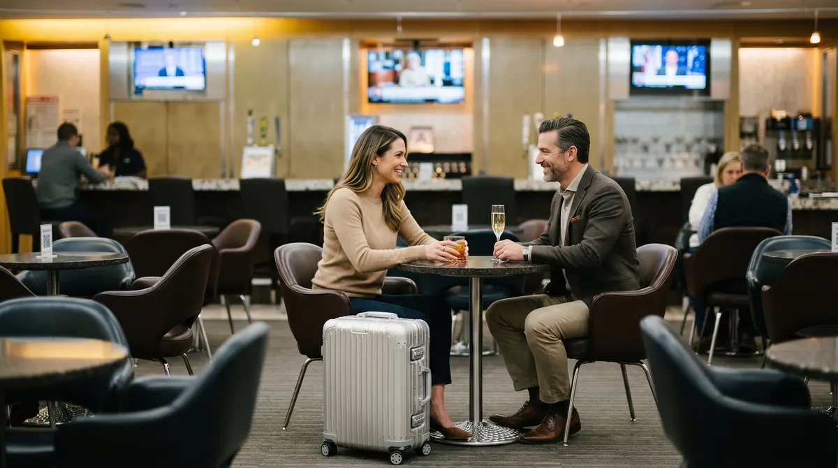 Couple with drinks at a table in a busy airport lounge