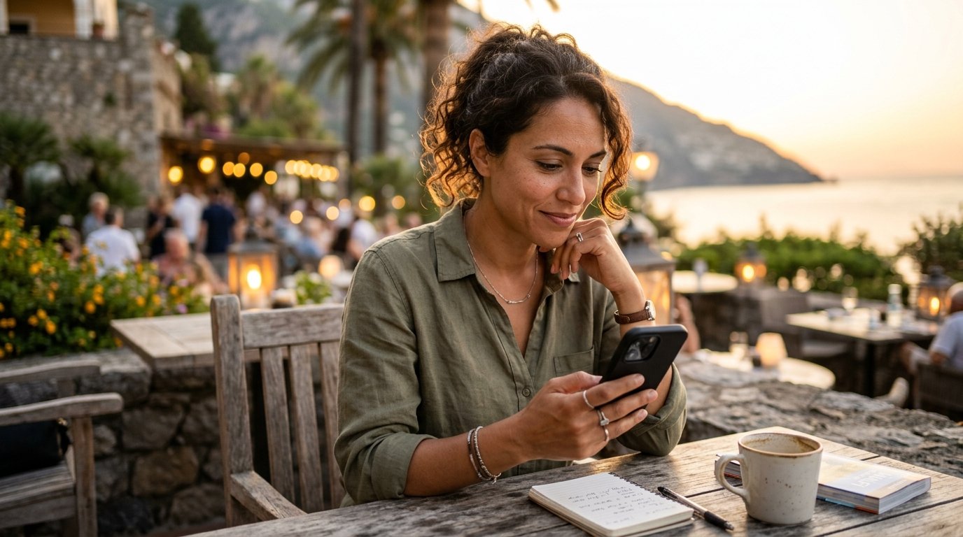 A traveler executing Marriott Bonvoy 2026 action plan for maximum value during peaceful evening resort planning moment