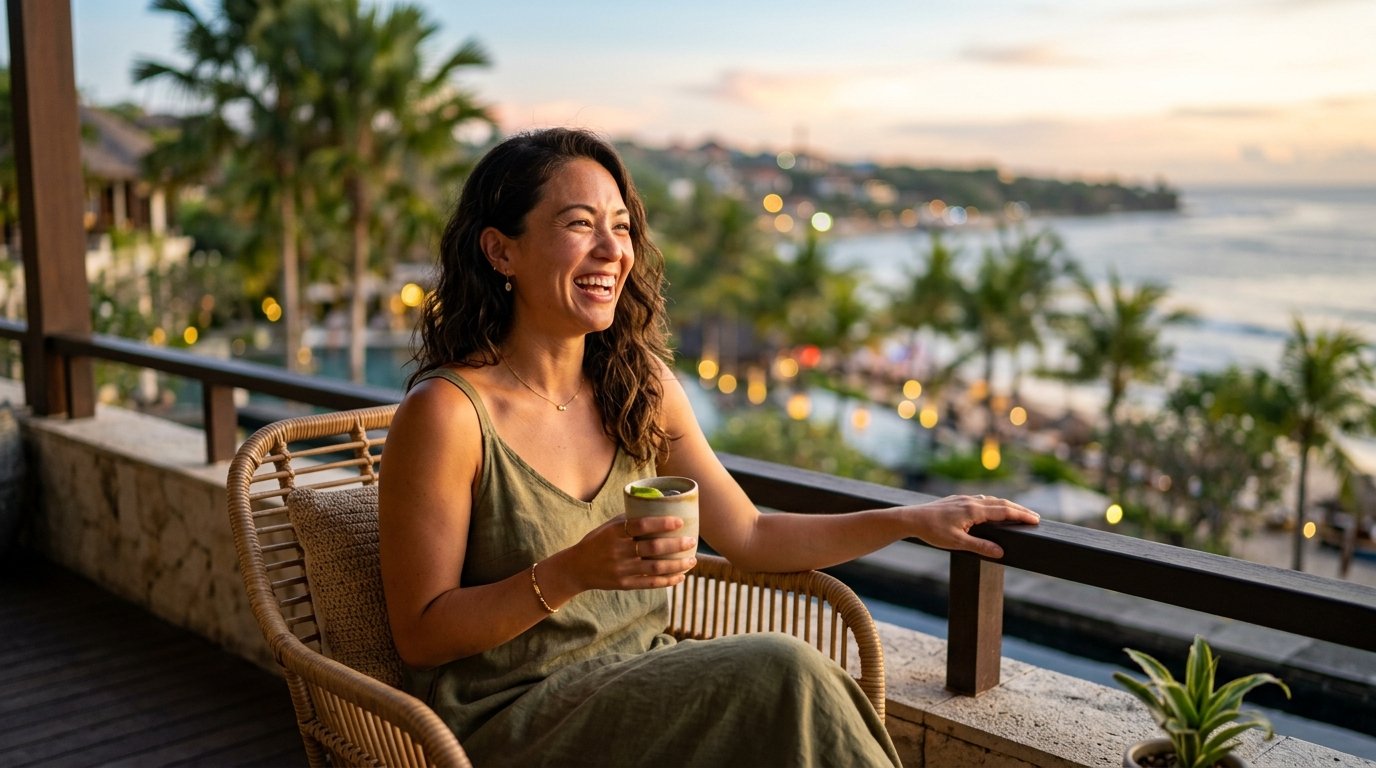 A traveler celebrating 5th night free Marriott Bonvoy award stay savings on luxury resort balcony evening authentic experience 2026