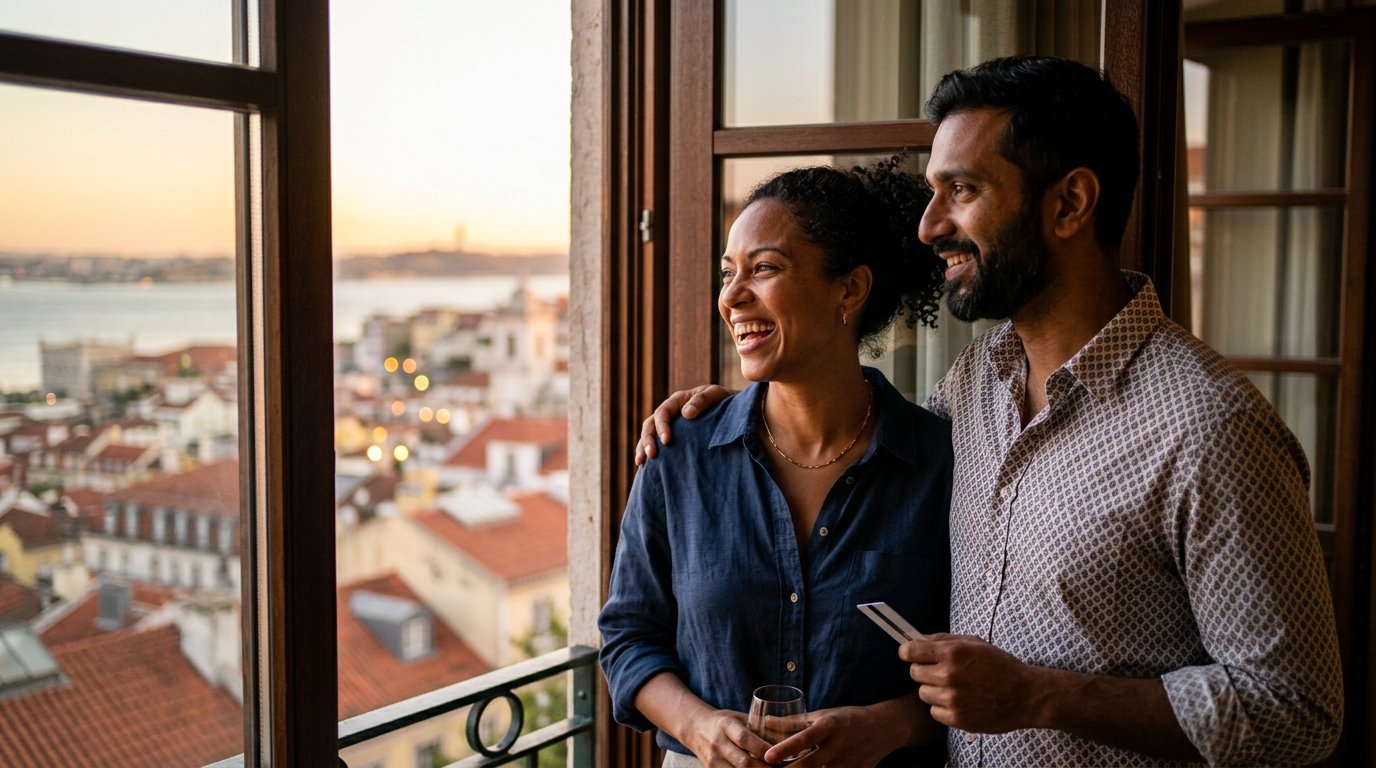 A couple reaping Marriott Bonvoy credit card ROI and automatic Platinum benefits during evening luxury stay 2026