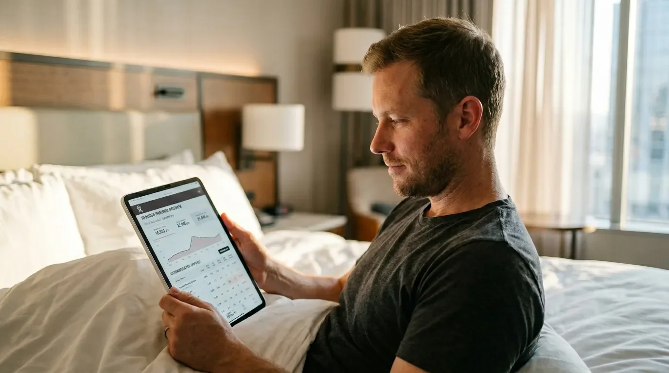 Traveler comparing Marriott Bonvoy dynamic award pricing on tablet in hotel room