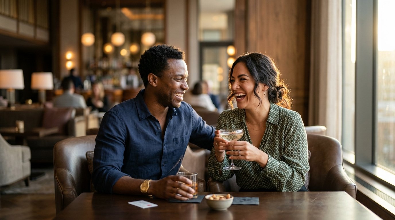 A couple experiencing Marriott Bonvoy Platinum elite lounge and perks during evening stay authentic traveler value 2026