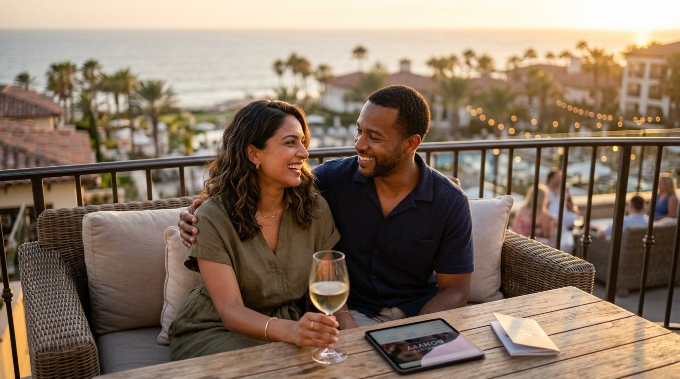 A couple finding clear answers to Marriott Bonvoy worth it questions during relaxing evening resort experience authentic 2026 travel