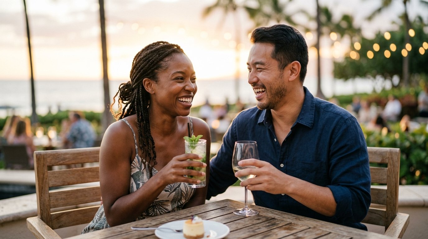 A couple enjoying real Marriott Bonvoy redemption savings and family resort success during evening stay authentic travel results 2026
