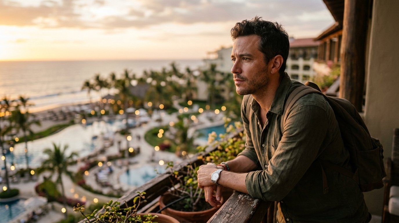 A traveler weighing Marriott Bonvoy against Hyatt Hilton IHG during peaceful evening resort reflection authentic 2026 experience