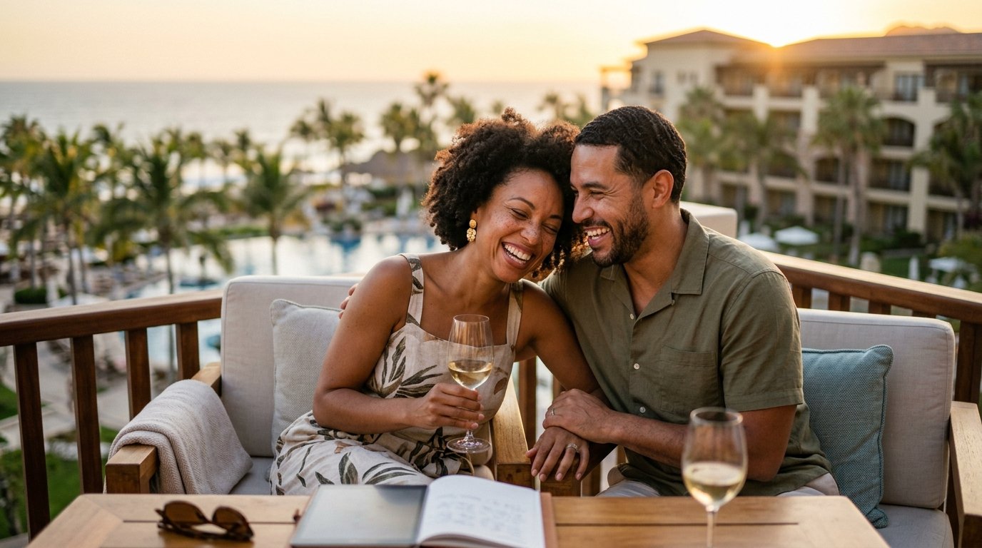 A couple matching perfect Marriott Bonvoy strategy in winner matrix for luxury resort travelers evening authentic experience 2026