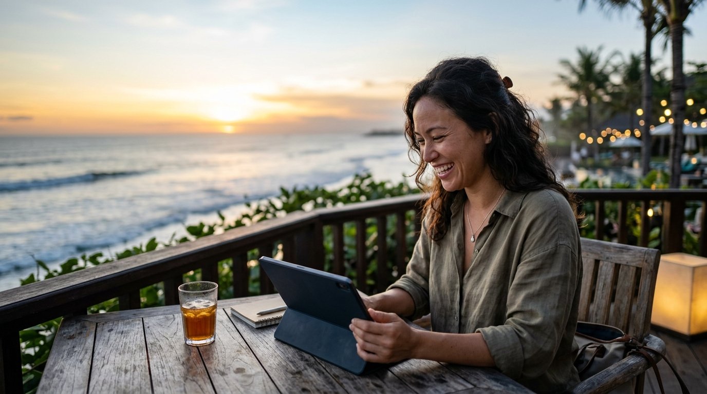 A traveler calculating personal Marriott Bonvoy 2026 ROI and net value during serene evening resort balcony moment