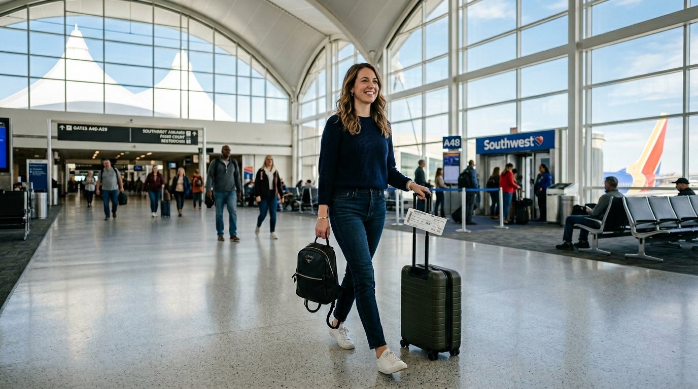 Solo traveler at Denver airport using Southwest Rapid Rewards benefits 2026