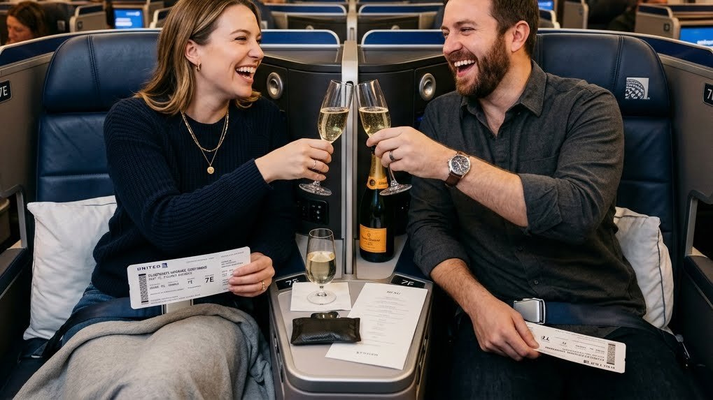 Couple using PlusPoints for upgrade on United MileagePlus – 2026 benefits stack