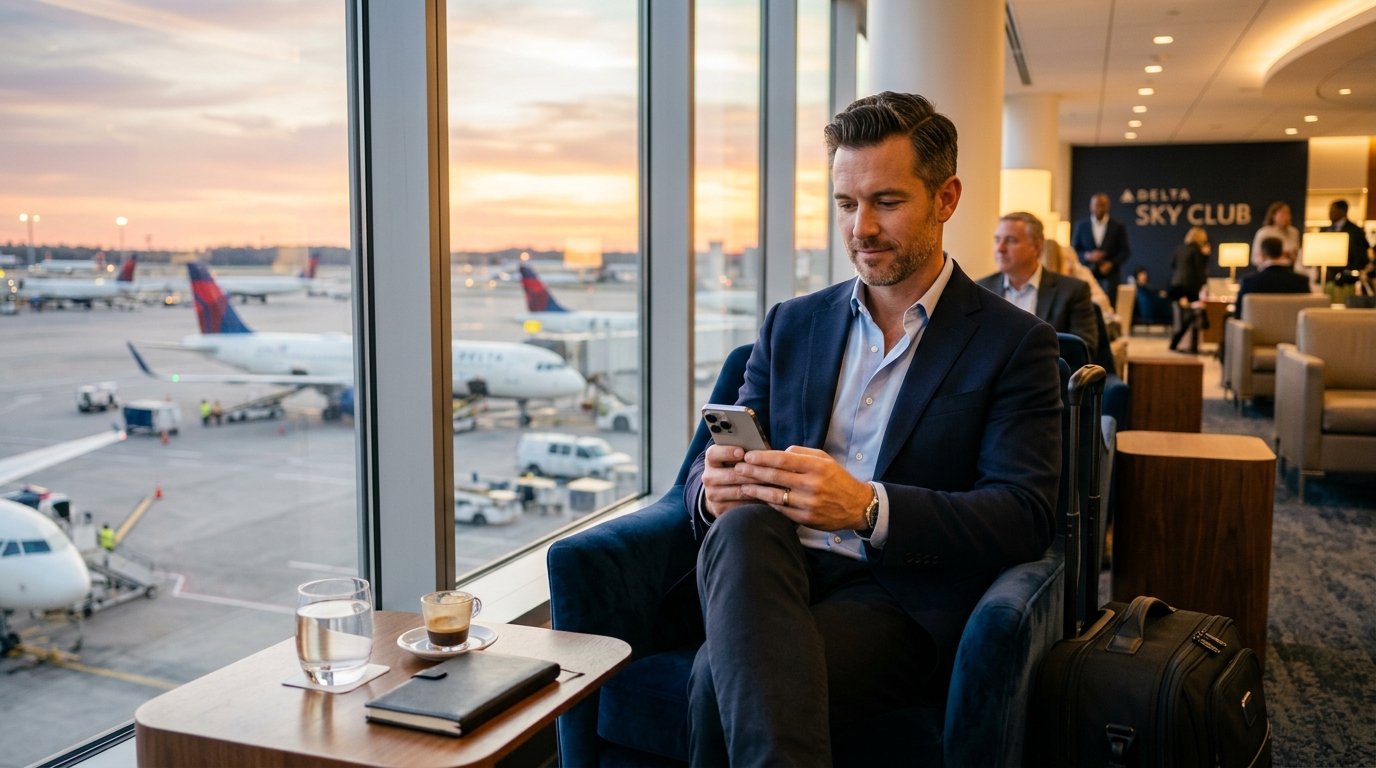 Solo traveler enjoying Delta Sky Club vs United Club access – United MileagePlus vs Delta SkyMiles 2026