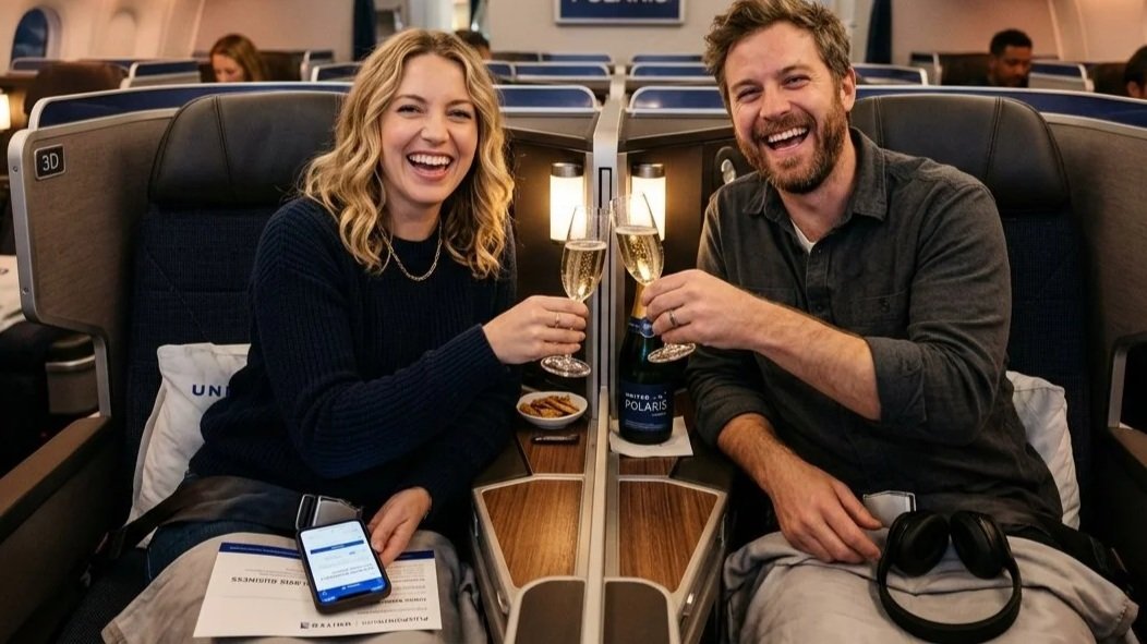 Couple toasting with champagne in United Polaris business class seats